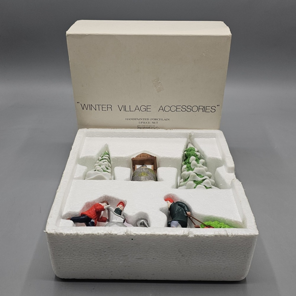 Department 56 Porcelain 5-pc Winter Village Accessories Trees, Sleds, Well